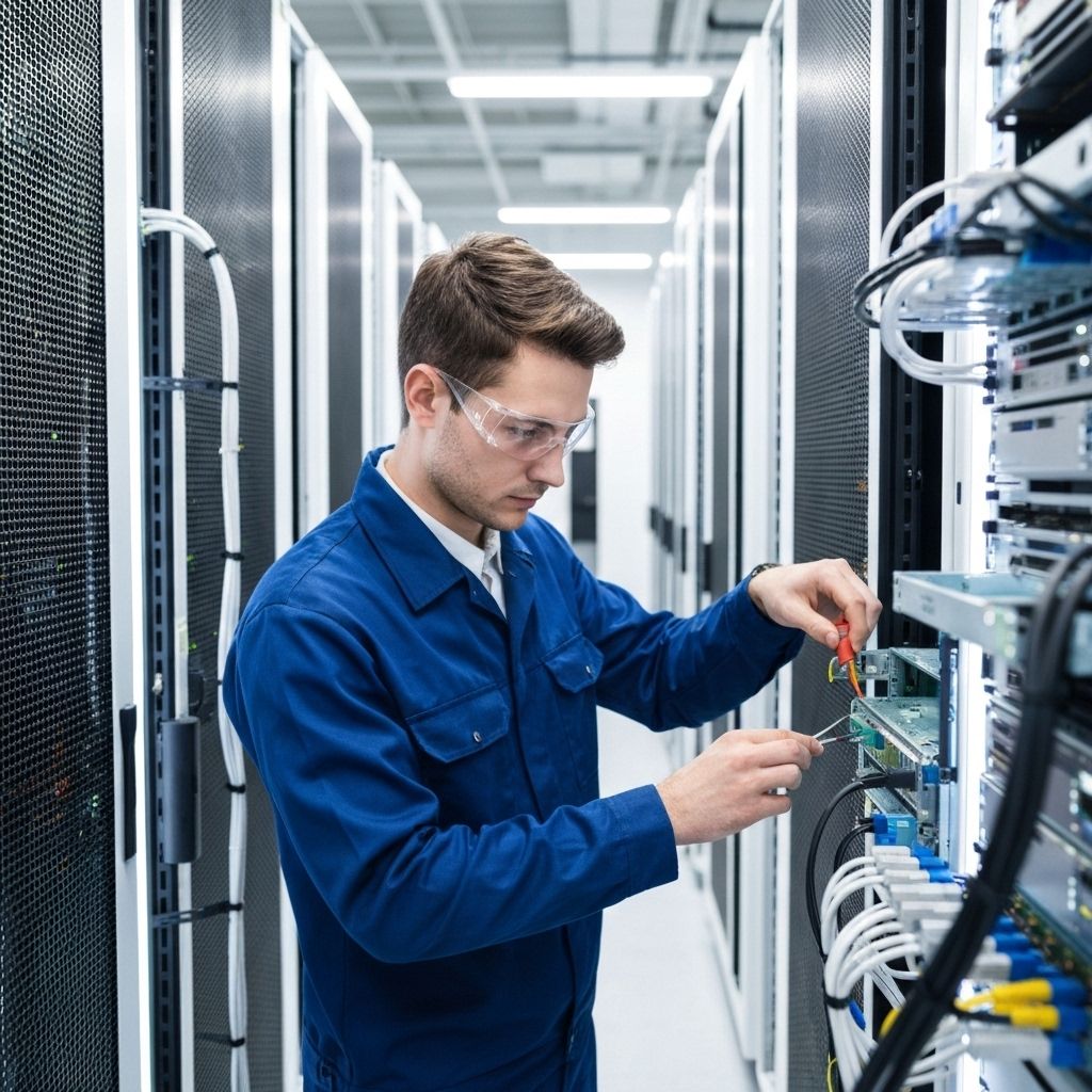 Hardware maintenance technician working on server equipment